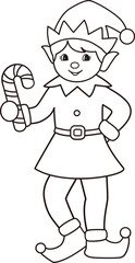 Retro elf holding candy cane outline