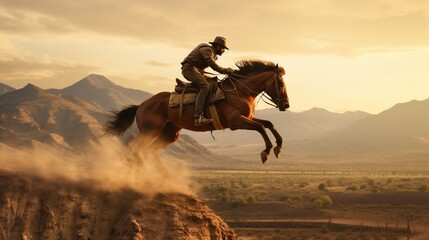 Amidst a wild west landscape, a rider and horse put on a breathtaking show of agility and control. - obrazy, fototapety, plakaty