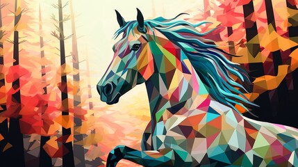 an abstract representation of the amazing forest horse, using a blend of geometric patterns and ethereal colors. - obrazy, fototapety, plakaty