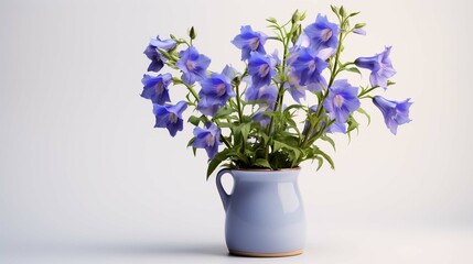 Realistic photo of Canterbury Bells flower in minimalist pot isolated on flat white background