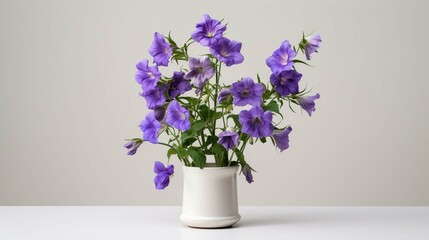 Realistic photo of Canterbury Bells flower in minimalist pot isolated on flat white background