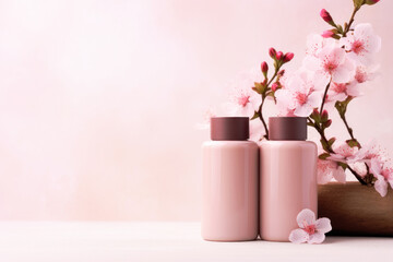 Cosmetics bottles products pink spring flowers. Copy space for your text