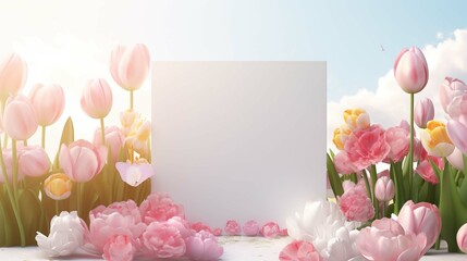 Small blank white signboard with cute accessories around it against spring background
