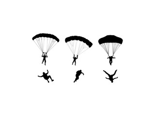 Set of Skydiver Silhouette in various poses isolated on white background - obrazy, fototapety, plakaty