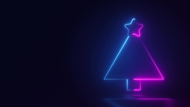 glowing neon christmas tree sign animation on dark background