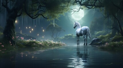 an ethereal landscape with the amazing forest horse as the centerpiece, bathed in soft, enchanting moonlight.