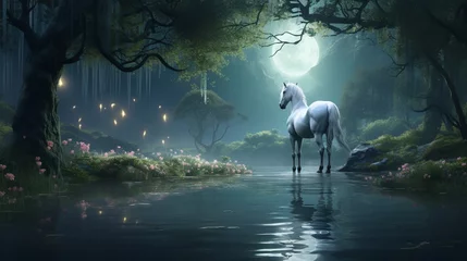 Fotobehang an ethereal landscape with the amazing forest horse as the centerpiece, bathed in soft, enchanting moonlight. © Muzamil