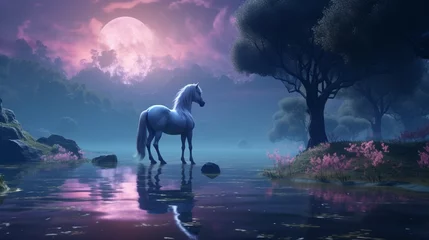 Fotobehang an ethereal landscape with the amazing forest horse as the centerpiece, bathed in soft, enchanting moonlight. © Muzamil