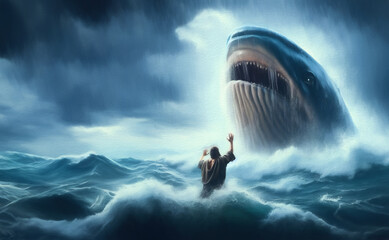 Jonah and the Whale - Book of Jonah in the Old Testament of the Bible - Divine Embrace: Jonah's Journey Through the Depths of Mercy - obrazy, fototapety, plakaty