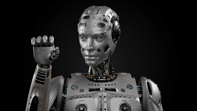 Very detailed humanoid cyborg or futuristic robot man looking at his arms. 3d rendering animation of the upper body isolated on black background with alpha