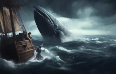 Jonah and the Whale - Book of Jonah in the Old Testament of the Bible - Oceanic Miracle: Jonah's Unlikely Alliance with the Benevolent Leviathan - obrazy, fototapety, plakaty