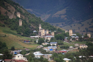 Fototapeta na wymiar Svanetian towers in Mestia, Upper Svaneti, Georgia
