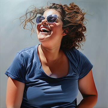 A drawn portrait of a chubby white young woman with dark hair, blue glasses, white teeth, and a blue t-shirt, sitting in the light blue background, laughing and enjoying life. Body positive concept.