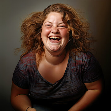 A funny, cheerful, laughing, fat woman with tousled red hair, pink plump cheeks, white teeth, a colored t-shirt, a massive neck, and chubby arms posing on a green background. Body positive concept.