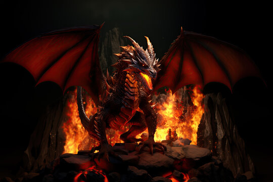 A fabulous dragon with spread wings, horns on his head, fire in his mouth, standing on a rock against a background of flames on dark stones.