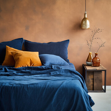A double bed with deep blue linen bedding, and warm yellow pillows stands against a terracotta wall, a clay pendant lamp hangs above a decorative wooden bedside table with dried brunch on a vase.