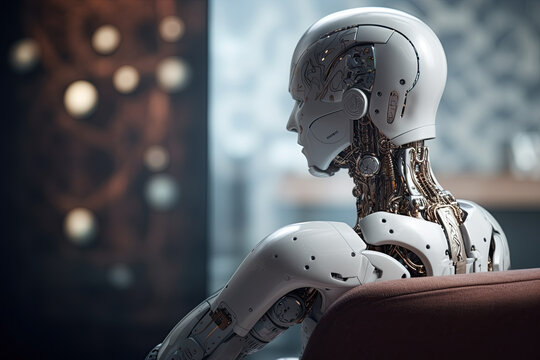 A humanoid robot with a white body and metal wires sits on a chair with his back to the camera on a blurred room background.