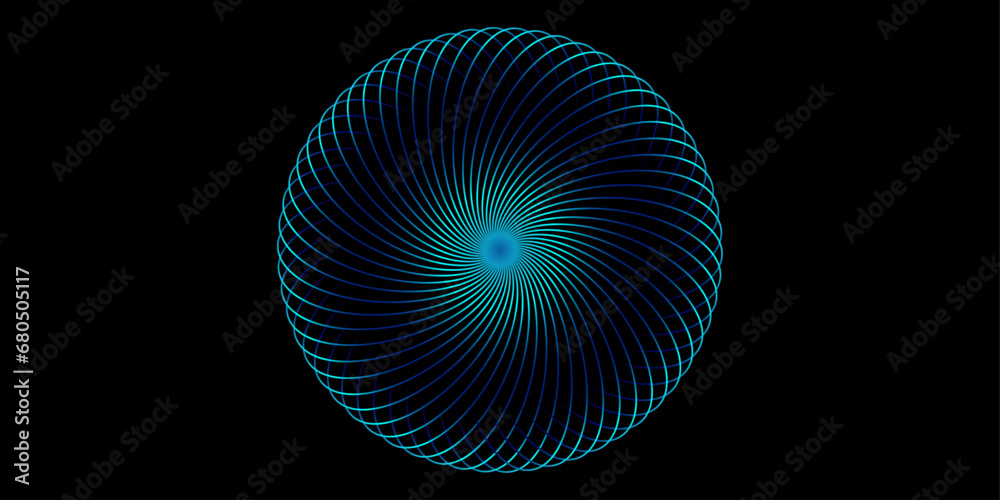 Aufkleber Abstract blue green light lines weaving pattern in circle shape isolated on black background. Vector illustration. Modern design template for technology, science, music flyer, digital banner 