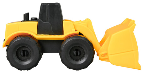 Toy plastic bulldozer isolated on a transparent background.