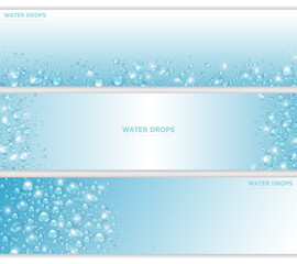 Fototapeta na wymiar Template of 3 blue panoramic banners with realistic pure water drops frame and space for text. Headers with 3d shiny dew, water blobs. Blank billboards with rain droplets or aqua splashes overlay