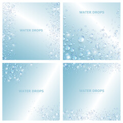 Naklejka na ściany i meble Template of blue banners with realistic pure water drops frame. Collection of 3 wallpapers with 3d shiny dew, water blobs. Square backdrops with rain droplet or aqua splashes and water texture