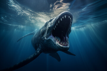 Large sea monster with open mouth and sharp teeth. Full view frontal POV. Underwater. Waterline - obrazy, fototapety, plakaty