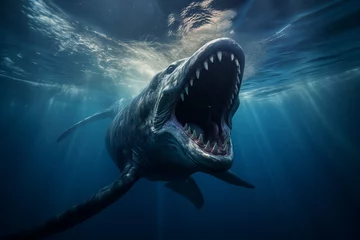 Poster Large sea monster with open mouth and sharp teeth. Full view frontal POV. Underwater. Waterline © ana