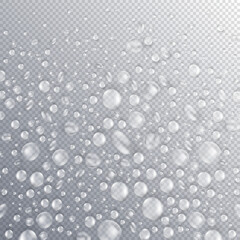 Pure realistic water drops or 3d condensation with light reflection on the surface or window. Shiny clear dew, rain droplets falling or aqua splash. Blobs overlay on transparent background