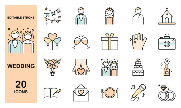 Colorful icon set of wedding party
