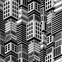 seamless background in the form of an image of multi-storey buildings of a metropolis in black and white for printing on fabrics, covers, as well as for decorating interiors in an urban style	
