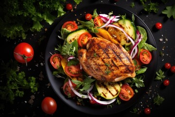 Grilled chicken breast fillet and fresh vegetable salad in dark plate on black background - obrazy, fototapety, plakaty