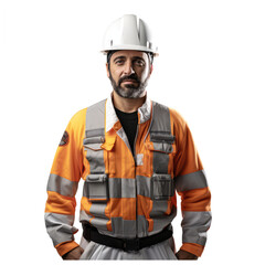 male engineer wearing a white helmet, standing