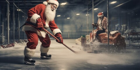 Santa is playing hockey in the warehouse. - obrazy, fototapety, plakaty