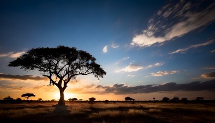 Fototapeta na wymiar Alone tree on the left in the savanna against a black silhouette background of a stunning sunset.
