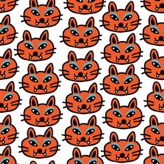 seamless pattern with cats in vector.colored wallpaper in doodle style.Template for background, printing on fabric and merch. A series of patterns with cat faces in flat style
