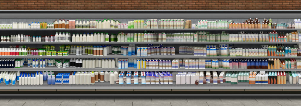 Milk in long open fridge at supermarket. This Mockup and illustration is suitable for presenting new MILK design bottles and packagings among many others.