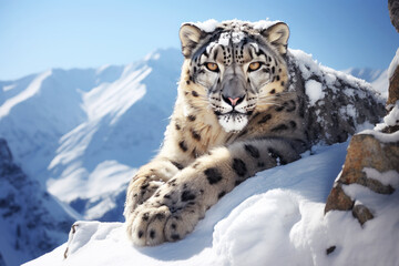 Beautiful snow leopard aganist snow mountans - obrazy, fototapety, plakaty