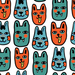 seamless pattern with cats in vector.colored wallpaper in doodle style.Template for background, printing on fabric and merch. A series of patterns with cat faces in flat style
