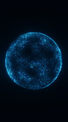 Glowing light blue particles in shape of sci-fi sphere on black backdrop. Dark vertical background 8K 9:16 with hi-tech 3D globe ball. Digital Earth. Cyber technology, 5G, business, connection, energy