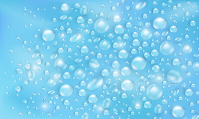 Realistic water drops or dew background. Template of soft blue banner with condensation texture or rain droplets overlay. Aqua fresh wallpaper with 3d collagen hydration puddles or water bubbles
