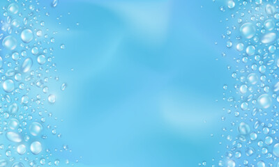 Template of blue banner with realistic pure water drops frame and empty space for text. Wallpaper with 3d shiny dew, water blobs. Blank backdrop with rain droplets or aqua splashes and water texture