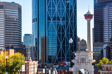 Calgary, Alberta, Canada - October 8 2023 : Centre Street Bridge. Downtown Calgary skyline in...