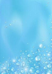 Soft blue blank wallpaper with realistic 3d pure water drops or condensation on surface. Vertical banner with rain droplets or dew pattern as frame. Aqua fresh banner with collagen or water texture