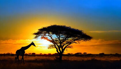 Fototapeta na wymiar Alone tree on the left in the savanna against a black silhouette background of a stunning sunset.