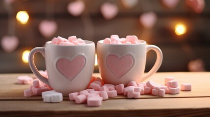 A pair of mugs filled with steaming hot cocoa, adorned with heart-shaped marshmallows, a perfect Valentine's Day gesture.