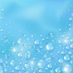 Template of blue banner with realistic pure water drops frame and empty space for text. Wallpaper with 3d shiny dew, water blobs. Square backdrop with rain droplet or aqua splashes and water texture