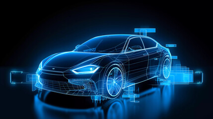 Frontside Futuristic AR car wireframe concept, generative ai, Augmented reality wireframe of car concept with blue background - obrazy, fototapety, plakaty