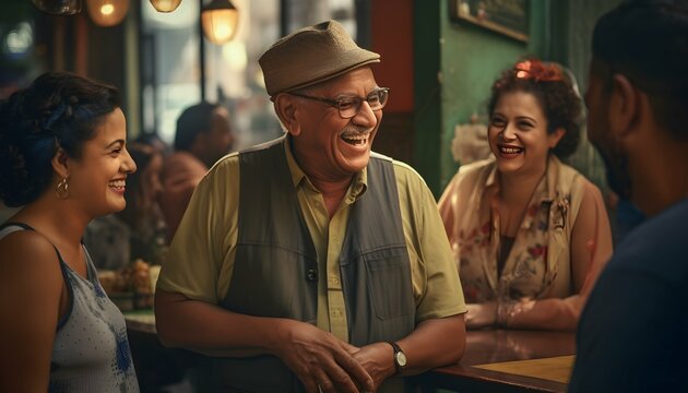 A globetrotter sharing a laugh with locals in a charming cafe during the middle of their journey generative ai