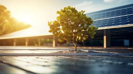 A young, vibrant tree sprouting from the center of a field of solar panels, symbolizing the growth of renewable energy and a sustainable future with zero carbon emissions.