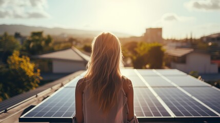 A young, environmentally conscious student gazes thoughtfully at a field of solar panels, contemplating a future powered by sustainable, renewable energy sources.